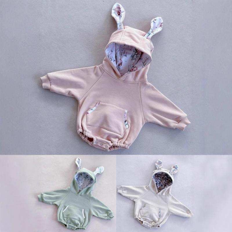 ・カテゴリ: ロンパース・スタイル: 韓国風・主な素材: 綿50%・厚さ: 厚手・袖丈: 長袖・フード: 付き・開閉タイプ: プルオーバー・安全基準: A・対象年齢: 新生児(0-1歳、80cm以下)・性別: 男女兼用・カラー展開: 桜ピンク、ストーングレー、ギボウシグリーン・サイズ展開: 59cm, 66cm, 73cm, 80cm, 90cm, 100cm