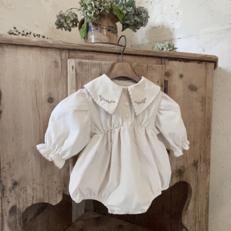 ロンパース ベビー 女の子 北欧風 刺繍 ビッグカラー パフスリーブ 綿100% コットン カバーオール 赤ちゃん服 乳幼児 普段着 お出かけ 春秋