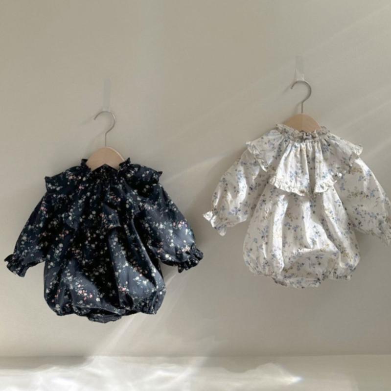 ロンパース 女の子 ベビー 春秋 ナチュラル 立ち襟 フリル 長袖 綿素材 カバーオール プルオーバー かわいい おしゃれ 赤ちゃん 女児服 普段着 お出かけ ブラック アイボリー