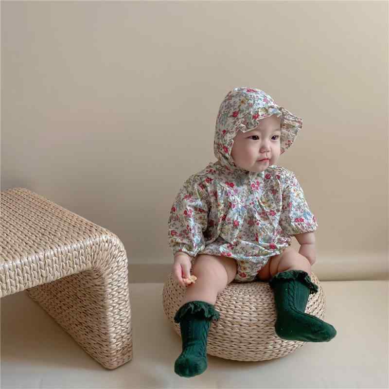 ロンパース カバーオール 女の子 ベビーウェア 子供服 長袖 綿 コットン 秋冬春 レトロ クリンクル 小花柄 フード付き スナップボタン 韓国風 お出かけ おしゃれ かわいい 普段着
