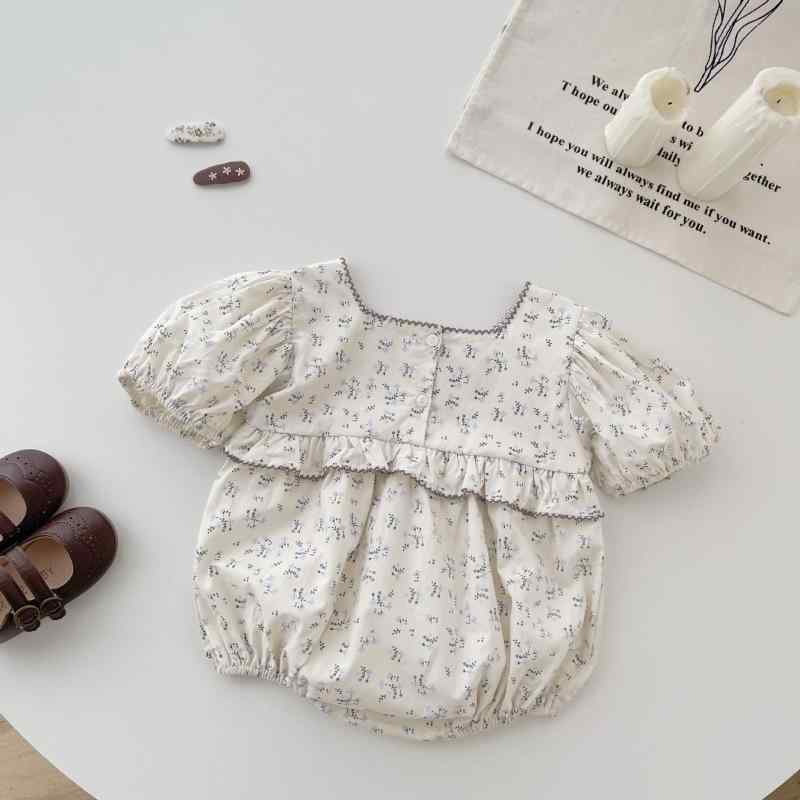 ロンパース ベビー 女の子 夏 小花柄 パフスリーブ 半袖 胸元フリル ベージュ 綿 コットン 薄手 おでかけ 普段着 カバーオール 韓国風