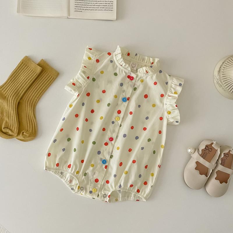 ロンパース 女の子 赤ちゃん ベビー服 春夏 カラフル ドット柄 ノースリーブ フリル襟 前ボタン コット..