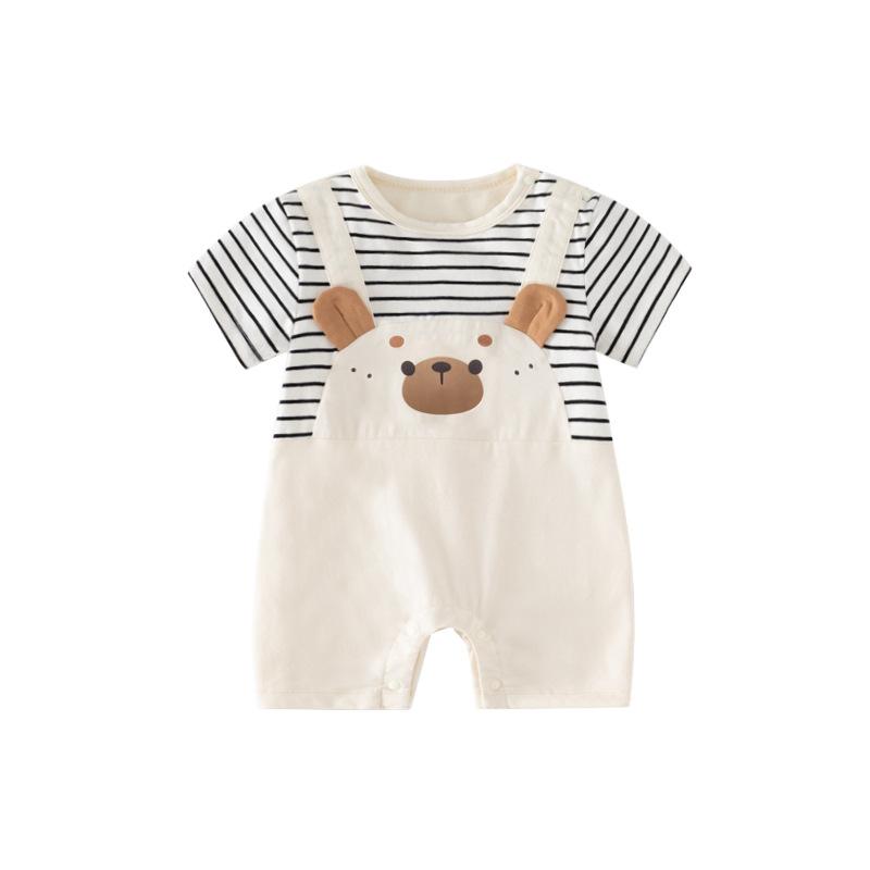 ・安全基準: Aクラス・主な素材: 綿95%・対象年齢: 新生児（0〜1歳、80cm以下）・性別: 男女兼用・袖丈: 半袖・厚さ: 普通・留め具: プルオーバー・スタイル: カジュアル・デザイン: ショートロンパース・柄: クマ柄・サイズ展開: 66cm、73cm、80cm、90cm、100cm・カテゴリ: ロンパース