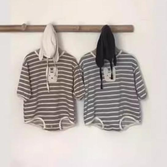 ロンパース ベビー 男女兼用 赤ちゃん 幼児 春秋 長袖 レトロ ストライプ ボーダー うさぎアップリケ 綿 コットン 肌に優しい 高品質 カバーオール ボディスーツ スナップボタン 普段着 部屋着 韓国風 吸湿速乾