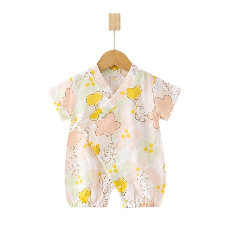 ベビー 新生児 ロンパース 半袖 ガーゼ 綿100% 薄手 接触冷感 吸湿速乾 カバーオール 男女兼用 前開き 合わせ襟 肌に優しい 通気性 春夏 総柄