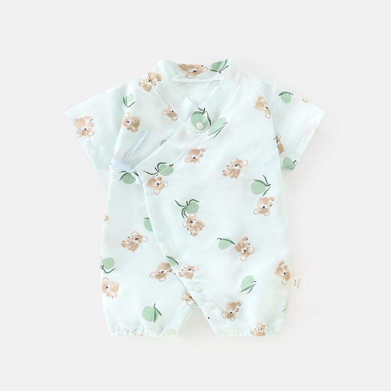 ロンパース ベビー 新生児 夏用 半袖 薄手 ボボコットン ポリエステル カバーオール 男女兼用 カジュアル 斜め合わせ 紐結び 冷房対策