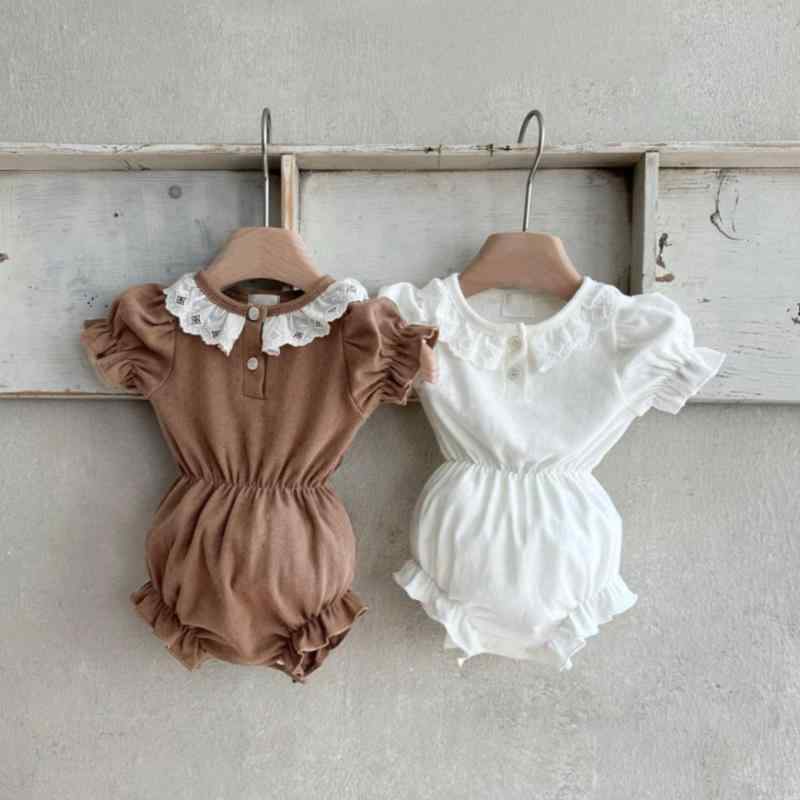 ロンパース 女の子 ベビー 赤ちゃん ジャガード フリル襟 パフスリーブ 半袖 コットン100% 春夏 韓国風 カバーオール 三角デザイン かわいい 肌に優しい お出かけ 普段使い ホワイト カフェオレ