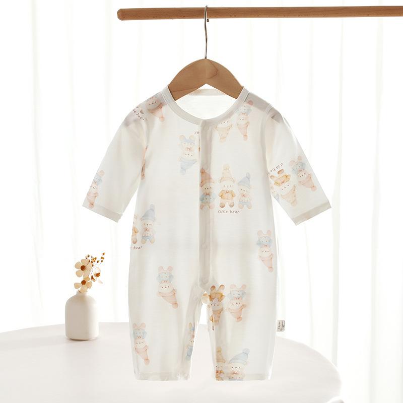 ベビー ロンパース カバーオール 新生児 男の子 女の子 兼用 夏用 薄手 長袖 無縫製 前開き スナップボタン エアコン対策 パジャマ ルームウェア 肌着 インナー 綿 再生繊維 通気性 吸湿速乾 快適 カジュアル 寝間着