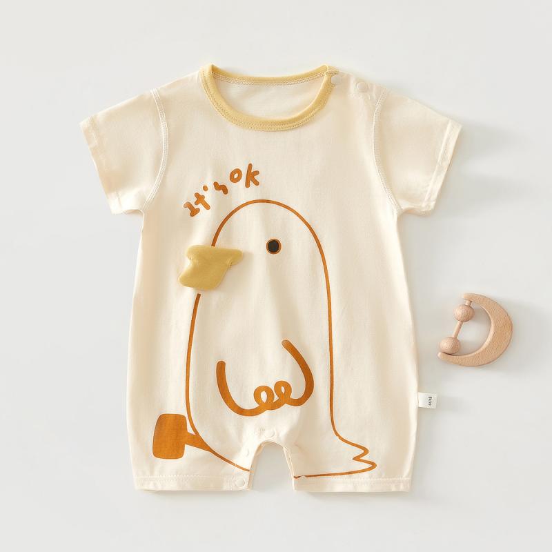 ・カテゴリ: ロンパース・スタイル: ベーシック・主な素材: 綿95%・安全基準: Aクラス・対象年齢: 新生児(0〜1歳、80cm以下)・対象性別: ユニセックス・袖丈: 半袖・厚さ: 薄手・開閉方式: プルオーバー・柄展開: アヒル、ひよこ、うさぎ、パンダ、ドラゴン、くま、カンガルー