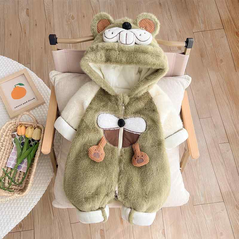 ベビー 男の子 ロンパース 新生児 カバーオール 秋冬 厚手 裏起毛 防寒 保温 フード付き 長袖 キャラク..