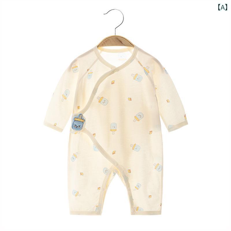 ・カテゴリ: ロンパース・スタイル: シンプル・主な素材: 綿100%・袖丈: 長袖・フード: なし・生地厚さ: 薄手・開閉タイプ: 斜め襟ひも・安全基準: A類・対象年齢: 新生児(0～1歳、80cm以下)・対象性別: 男女兼用・カラー展開: ベージュ、ピンク、イエロー、オレンジ、ブルー、パープル、グリーン・対応身長: 52cm、59cm、66cm