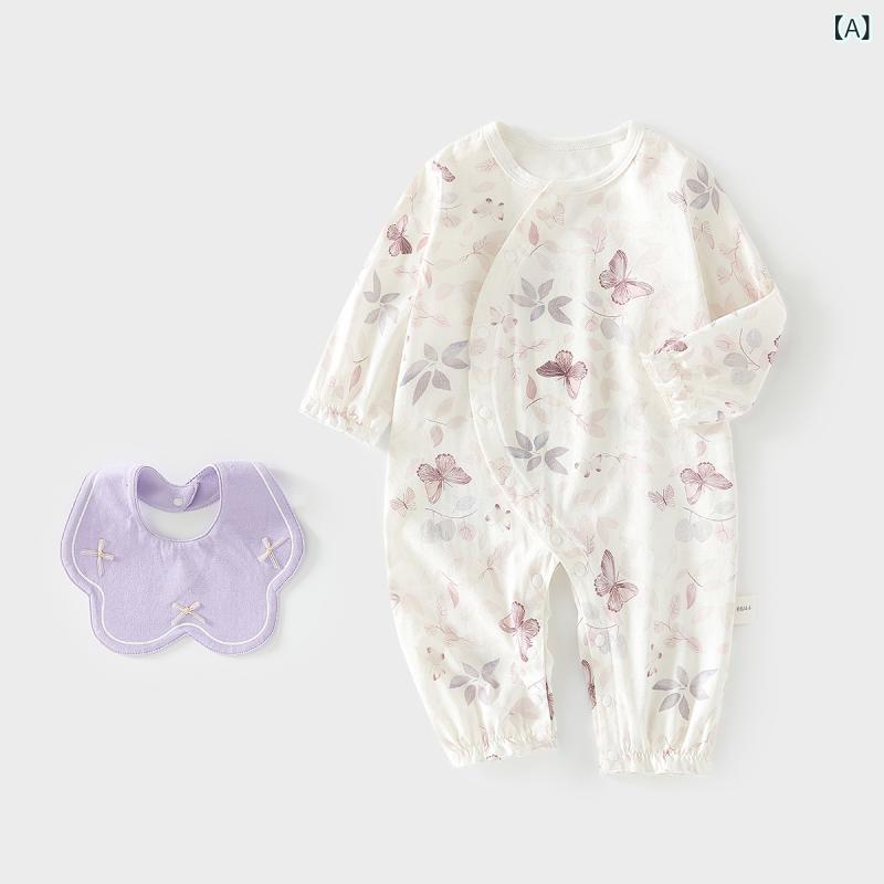 ロンパース ベビー 春夏 接触冷感 長袖 薄手 綿 再生繊維 カバーオール 冷房対策 室内着 前開き スナップボタン 吸湿速乾 パジャマ 普段使い 2