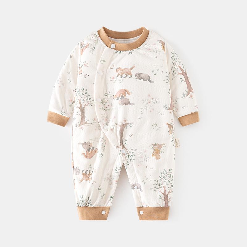 ロンパース ベビー 新生児 カバーオール 中綿入り キルティング 厚手 あったか 秋冬 長袖 無縫製 フラットシーマ 肌に優しい 偏襟 斜め前開き スナップボタン 男女兼用 部屋着 パジャマ