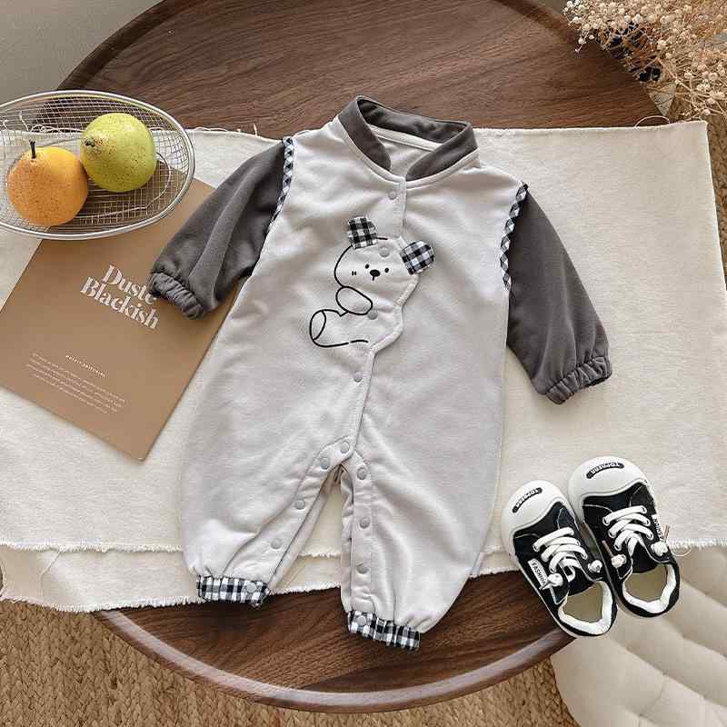 ロンパース ベビー 男の子 おしゃれ 長袖 綿 コットン かわいい かっこいい 春秋 グレー カジュアル お出かけ 普段使い カバーオール