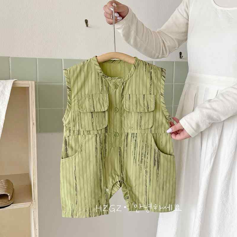 ロンパース ベビー 新生児 男女兼用 綿 コットン 緑 ストライプ ボーダー シンプル ゆったり ノースリーブ ショート カバーオール 春夏 薄手 通気性 吸湿速乾 肌に優しい カジュアル お出かけ スナップボタン