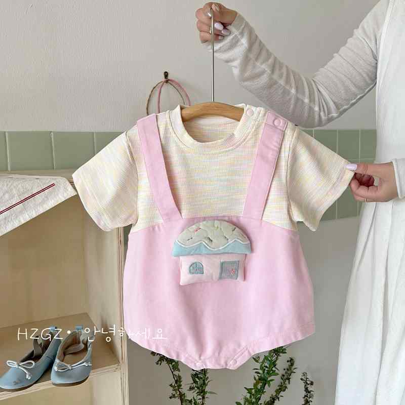 ロンパース ベビー 男の子 女の子 韓国風 半袖 ストライプ ハウス柄 フェイクレイヤード 重ね着風 カバ..