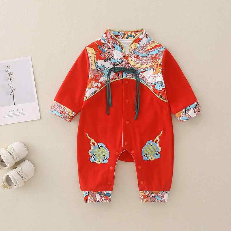 ロンパース ベビー 男の子 女の子 男女兼用 春秋 中国風 民族衣装風 お祝い お宮参り 百日祝い お食い初め 1歳 誕生日 出産祝い 記念撮影 レッド 綿100% コットン 長袖 カバーオール
