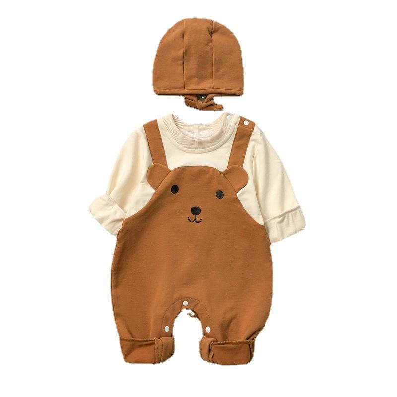 ・カテゴリ: ロンパース・スタイル: 韓国風・主な素材: 綿95%・袖丈: 長袖・フード: 付き・開閉タイプ: プルオーバー・厚さ: 通常・性別: 男の子用・対象年齢: 新生児(0～1歳)・カラー展開: ブラウン、アプリコット・サイズ展開: 66cm、73cm、80cm、90cm・安全基準: A基準