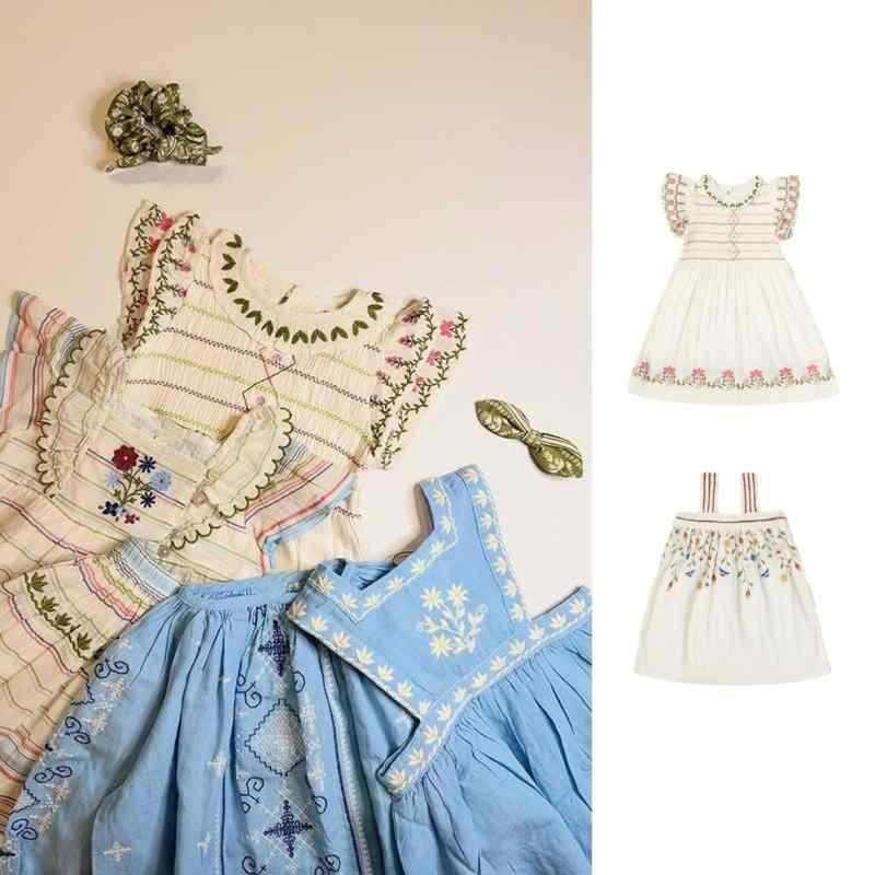 ワンピース 女の子 女児 春夏 北欧風 カントリー 花柄刺繍 スモッキング プリンセスドレス コットン 綿 Aライン 半袖 普段使い お出かけ