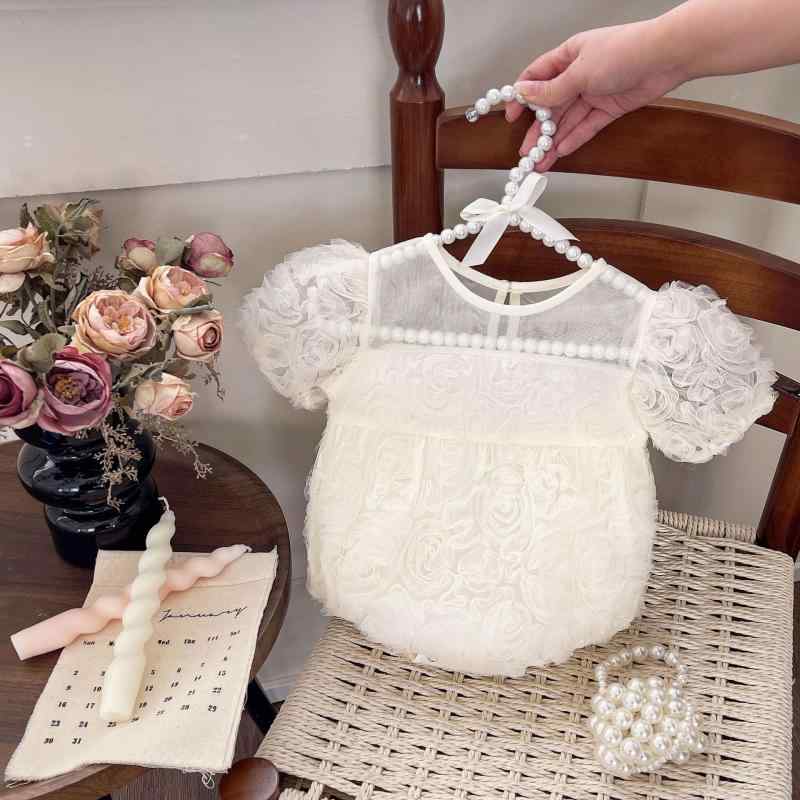 ワンピース ドレス ベビー 女の子 赤ちゃん 韓国風 SNS映え 立体フラワー チュール パフスリーブ プリンセス風 かわいい 綿 コットン 春夏 アイボリー お呼ばれ