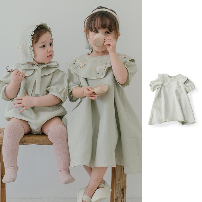 ワンピース キッズ 女の子 北欧風 ドールカラー 木馬刺繍 半袖 綿 裏地付き Aライン ミントグリーン か..