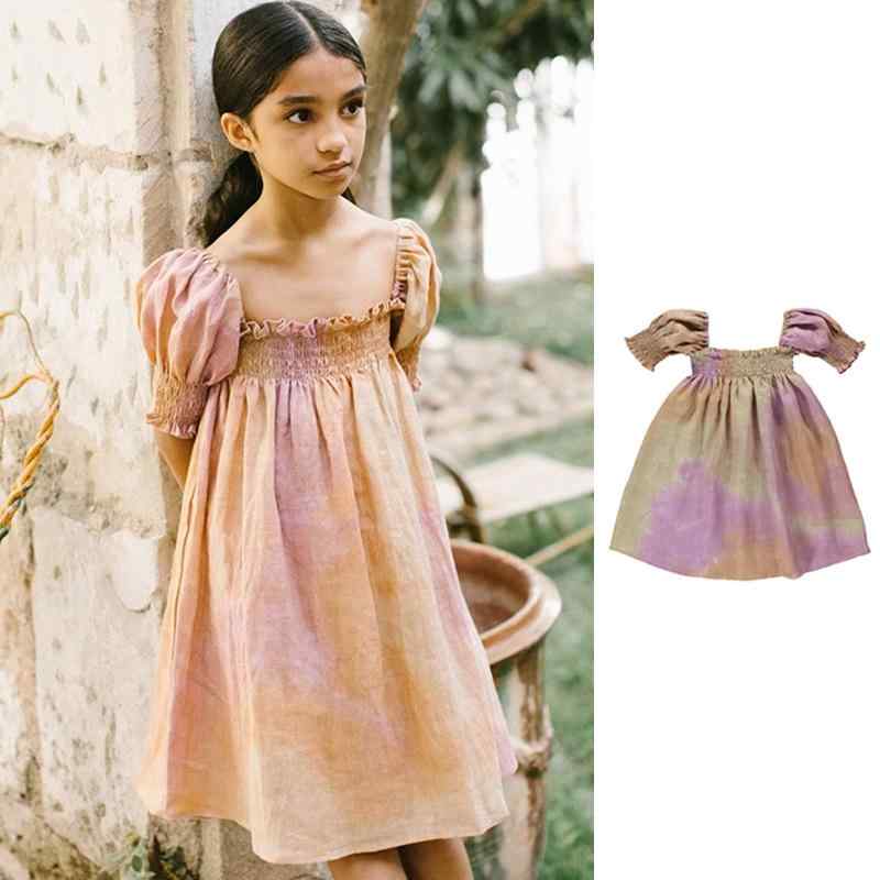 ワンピース 女の子 ガールズ 夏 半袖 絞り染め タイダイ パフスリーブ スモッキング コットン リネン 綿麻素材 プリンセスデザイン Aライン フレアスカート おしゃれ かわいい 普段使い お出かけ カジュアル キッズ 子供服 サマー