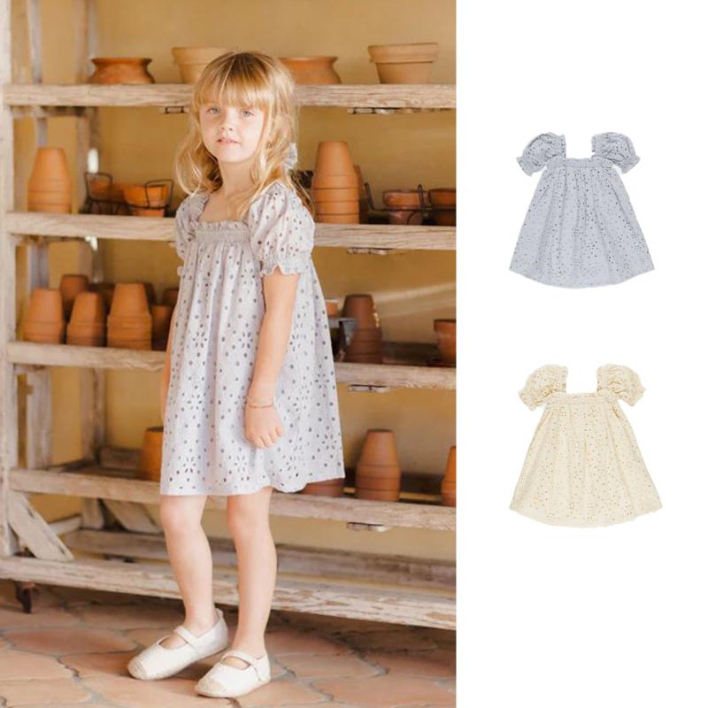 ワンピース ドレス キッズ 女の子 ガールズ パフスリーブ レース カットアウト 無地 Aライン 綿混 ポリエステル おしゃれ SNS映え カジュアル お出かけ デイリー 普段使い 春夏