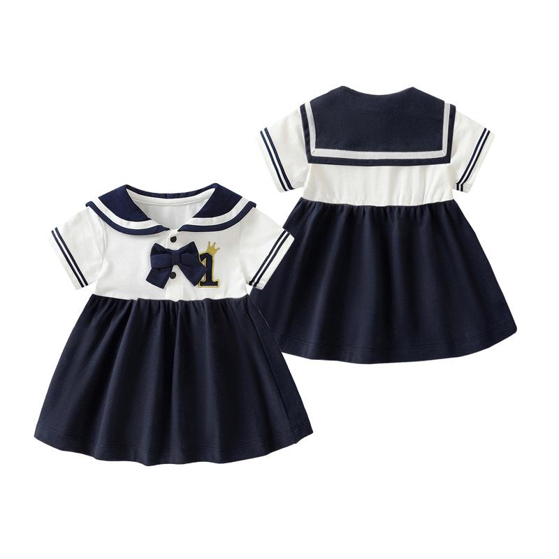 ・カテゴリ: キッズワンピース・スタイル: スクール・主な素材: 綿95%・安全基準: Aクラス・性別: 女の子・対象年齢: 1～3歳 (身長80～100cm)・柄: アルファベット・生地加工: 柔軟加工・シーズン: 夏・デザイン: Aライン・スカート裾: 切り替えデザイン・裏地素材: 綿95%・身長: 80cm, 90cm, 100cm, 110cm