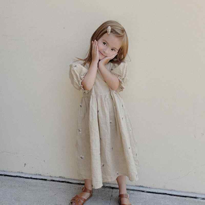ワンピース 女の子 ベビー 春夏 コットン100% 織り綿 パフスリーブ 半袖 刺繍 花柄 ふんわりAライン ロング丈 ビーチ リゾート お出かけ 普段使い 幼児服 グレーアプリコット