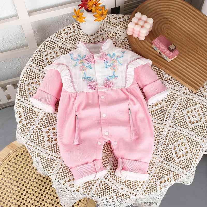 カバーオール ロンパース 女の子 ベビー 新生児 赤ちゃん 春秋 長袖 綿 お宮参り 100日祝い 1歳 誕生日 お祝い セレモニー 退院着 記念写真 プリンセス風 チャイナ風 ダブルレイヤー ピンク