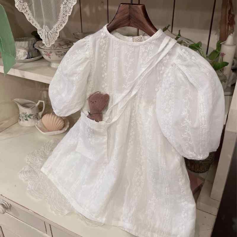 ワンピース 女の子 ベビー キッズ 春夏 綿 刺繍 ランタンスリーブ パフスリーブ 半袖 プリンセスドレス お姫様 Aライン ホワイト かわいい 上品 お出かけ着 普段使い