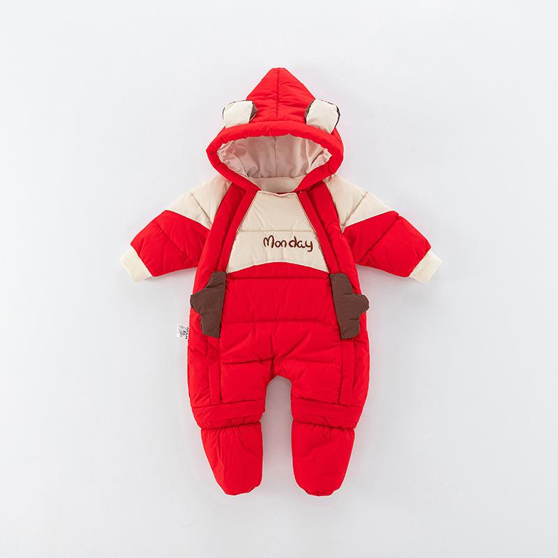 ベビー ダウンロンパース 真冬 防寒着 極厚 撥水 防風 防汚 裏起毛 ホワイトダックダウン 前開き スナ..