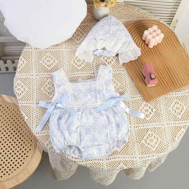 ロンパース ベビー 女の子 赤ちゃん服 春夏 薄手 かわいい おしゃれ 小花柄 キャミソール ノースリーブ コットン 綿 レース お出かけ 普段使い ブルー 韓国風 カジュアル 涼しい