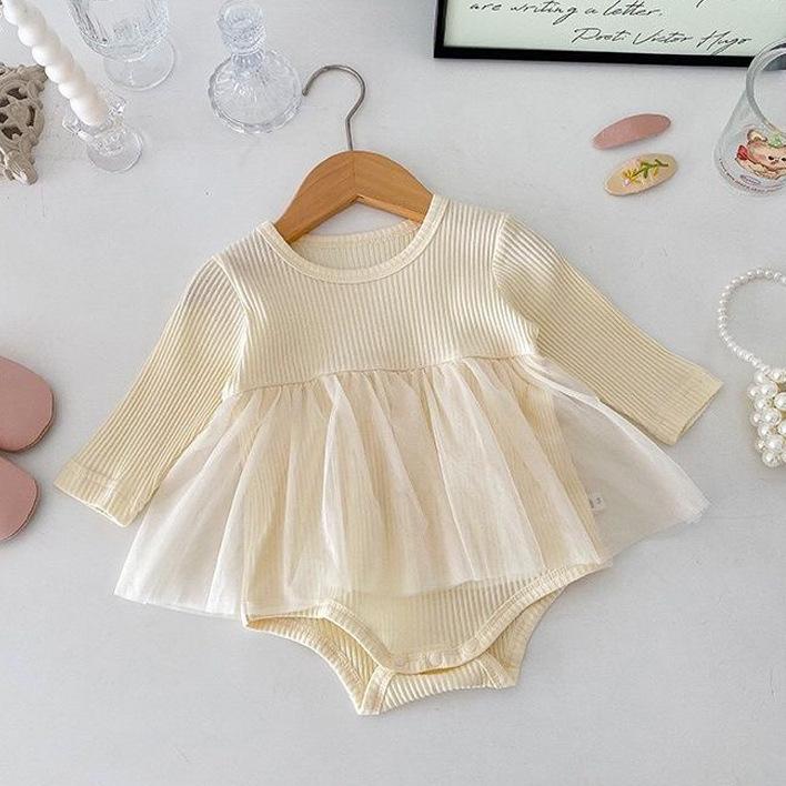 ロンパース ベビー 女の子用 春秋 長袖 チュールワンピース リブ切り替え 無地 コットン 薄手 快適 肌に優しい 韓国風 アイボリー