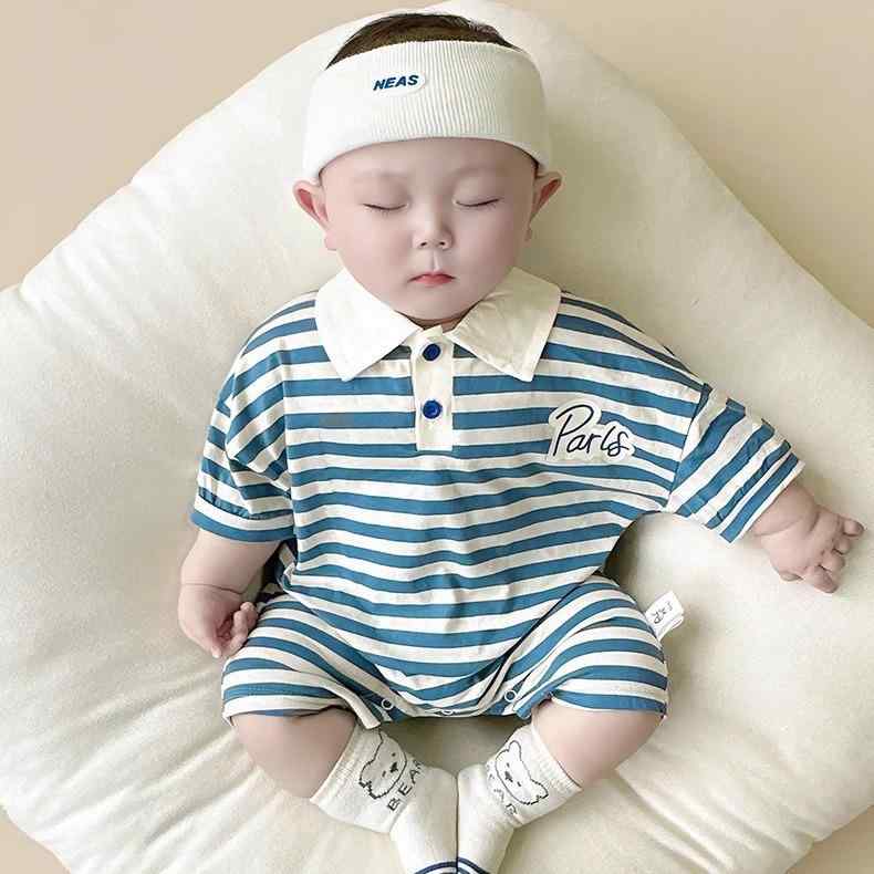 ロンパース ベビー 赤ちゃん 半袖 ストライプ柄 襟付き ポロシャツ 韓国風 春夏 薄手 綿 通気性 吸湿速乾 肌に優しい 普段着 お出かけ