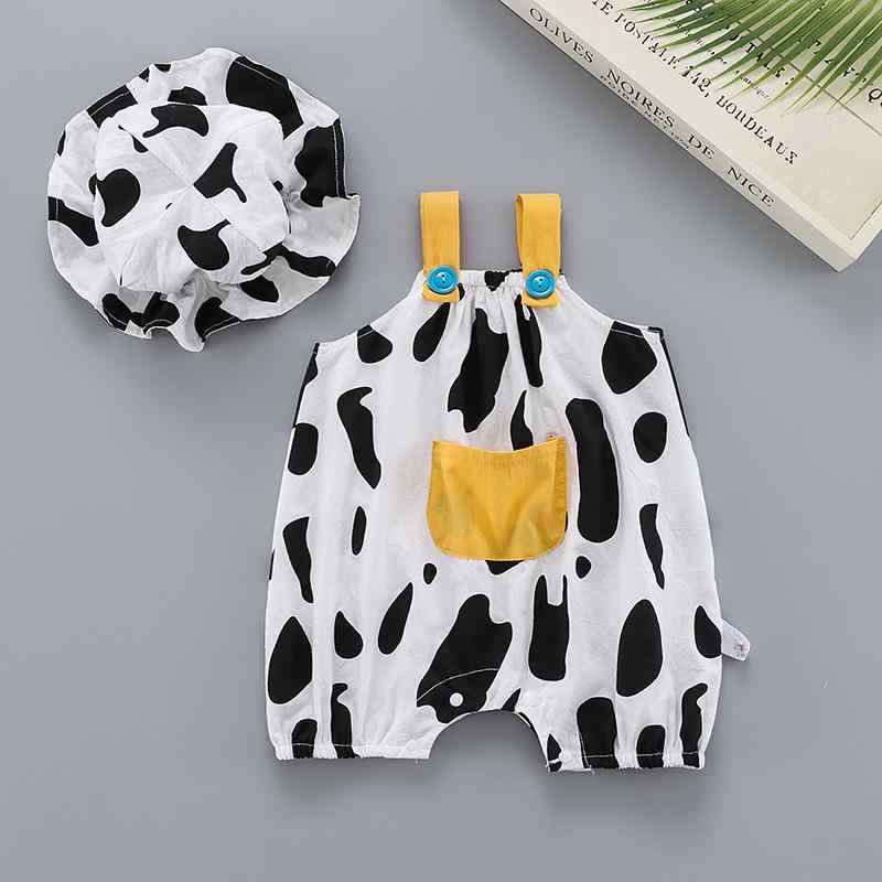 ロンパース ベビー 男女兼用 赤ちゃん ノースリーブ 吊り 肩紐 牛柄 ホルスタイン柄 綿100% 薄手 通気性 吸湿速乾 快適 涼しい かわいい おしゃれ 韓国風 夏服 サマー カジュアル 普段着 お部屋着