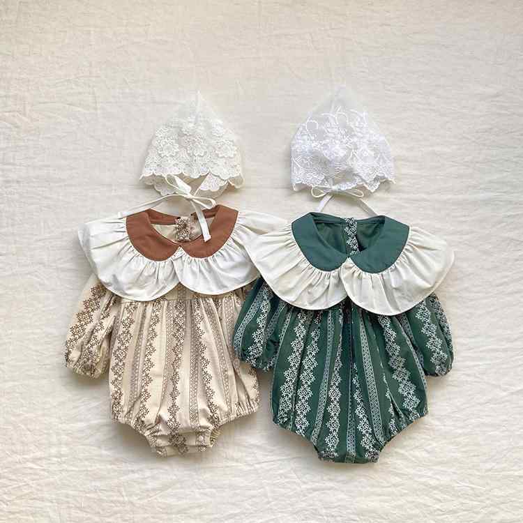 ロンパース ベビー 女の子 新生児 乳幼児 レトロ 花びら襟 長袖 フードなし プルオーバー 起毛 コット..