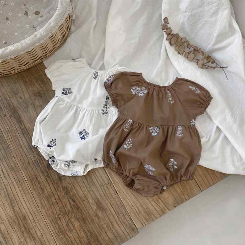 ロンパース 女の子 ベビー 赤ちゃん レトロ 高級感 無地 刺繍 パフスリーブ 半袖 綿100% 肌に優しい 股下スナップ お出かけ 普段使い 春夏