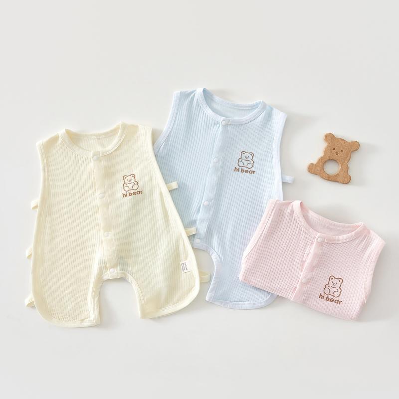 ロンパース ベビー 新生児 赤ちゃん 春夏 再生繊維 ノースリーブ 前開き 薄手 ショート丈 通気性 吸湿速乾 肌に優しい 普段着 部屋着 ストライプ柄