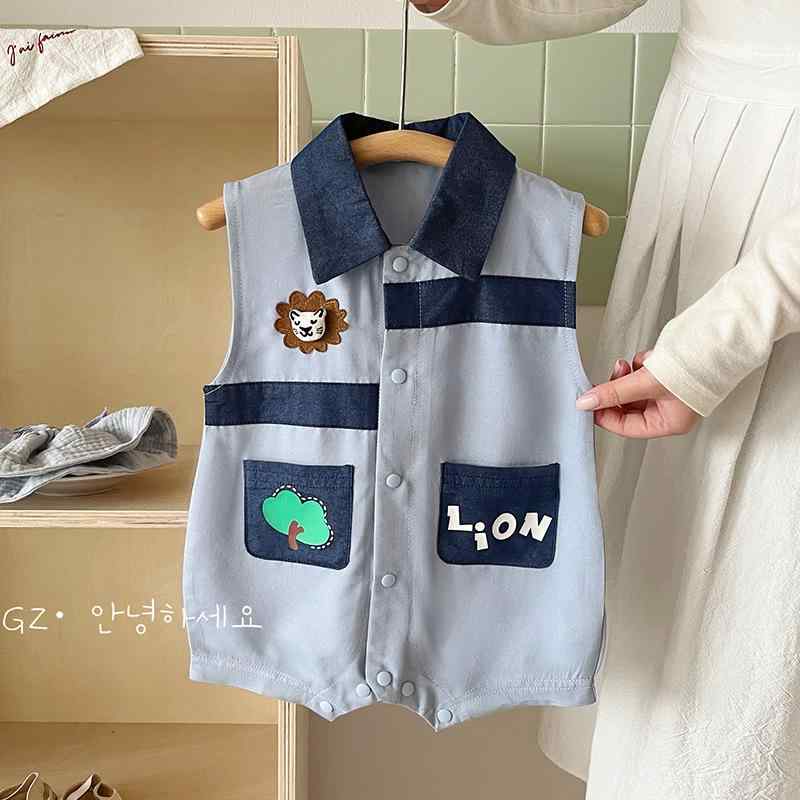 ロンパース ベビー 男の子 夏 ノースリーブ デニムブルー 襟付き シャツ型 コットン 薄手 新生児 普段..