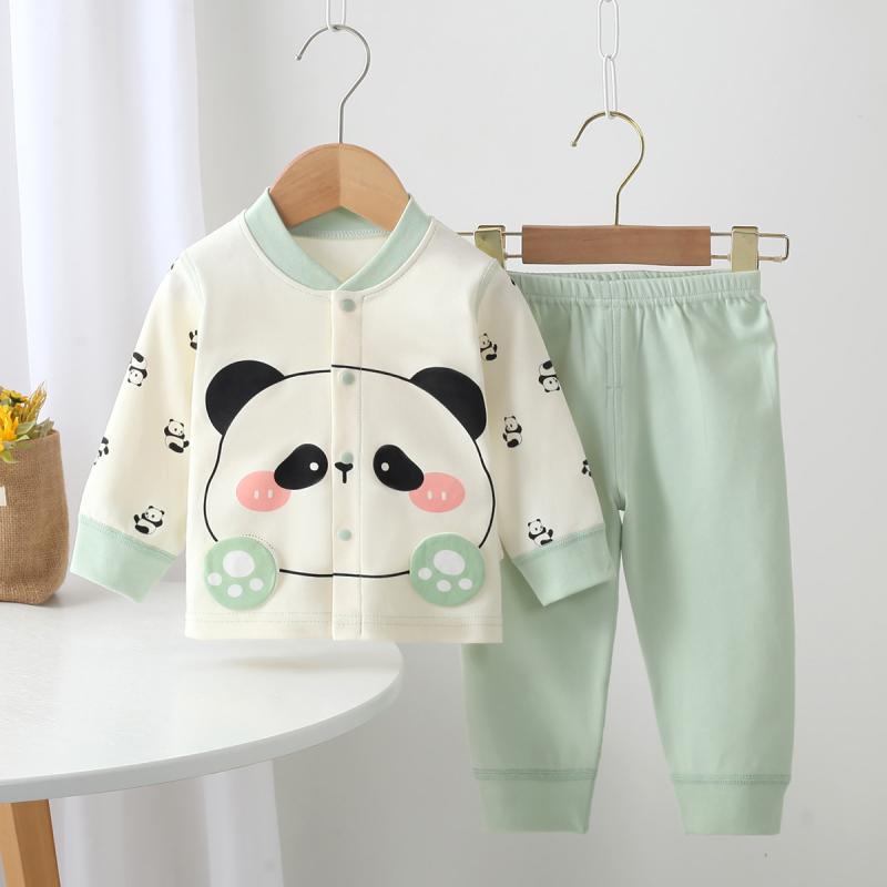 ベビーパジャマ 男女兼用 Vネック 前開き フラットシーム パンダ柄 キャラクター柄 綿100% 吸湿速乾 やわらか素材 ルームウェア 部屋着 カーキ グリーン ブルー