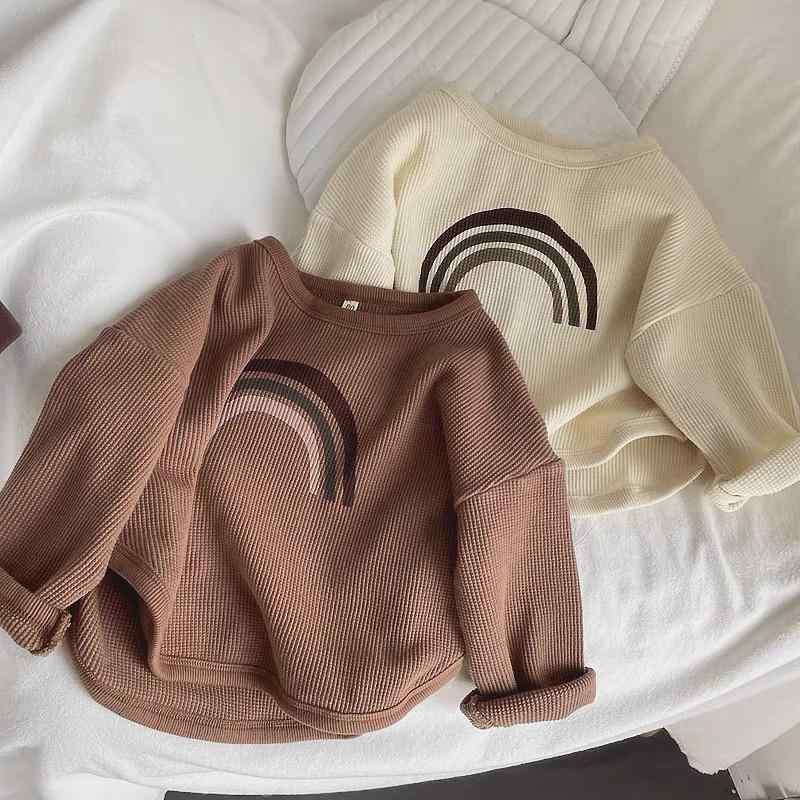 Tシャツ キッズ 男の子 女の子 男女兼用 韓国風 プリント 虹柄 ワッフル素材 丸首 ラウンドネック 綿 コットン 秋 トップス カットソー 着回し 吸湿速乾 柔らかな肌触り