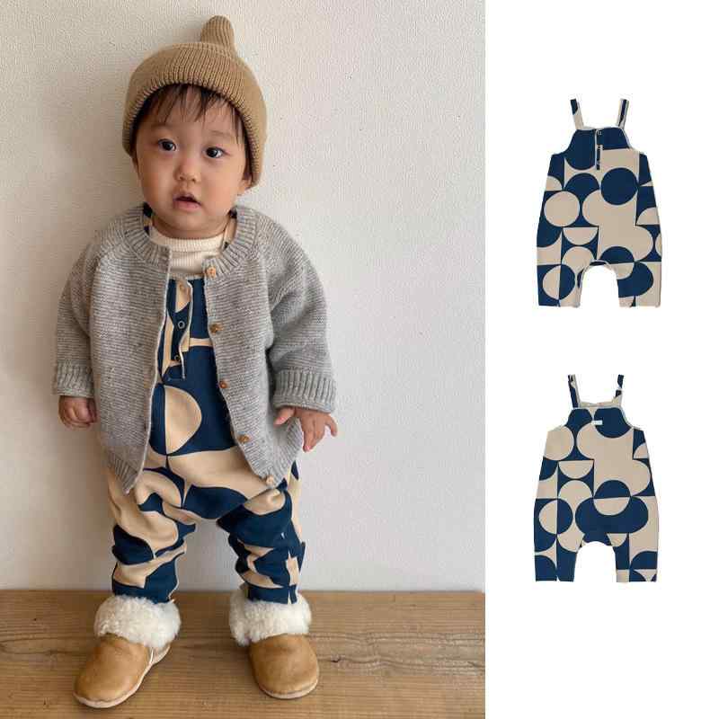 サロペット ベビー キッズ 男の子 女の子 幼児 秋冬 裏起毛 長ズボン プリント 幾何学柄 抽象柄 綿 コットン ブルー 柔らかい カジュアル 欧米風