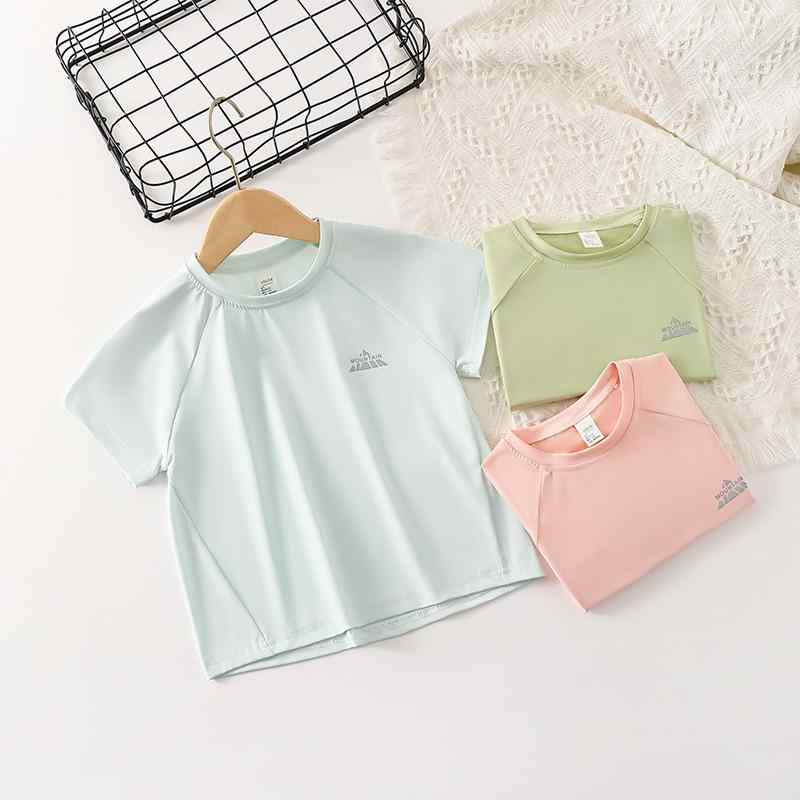 キッズTシャツ 男女兼用 半袖 吸汗速乾 ナイロン 春夏 スポーツカジュアル 無地 クルーネック ロゴプリント おしゃれ 柔らか素材 ピンク ブルー グリーン 子供服 普段使い