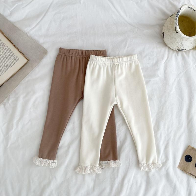 レギンス 女の子 ベビー 裾フリル スキニー ストレッチ コットン 春秋 ミドルウエスト ロング丈 韓国風 オシャレ 幼児 1歳 2歳 3歳 ブラウン ベージュ