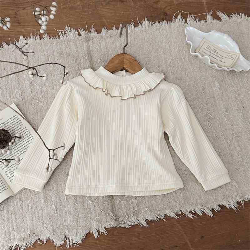 トップス ベビー 女の子 秋冬 かわいい おしゃれ 長袖 ハーフネック メロウフリル リブ編み 二重裏起毛 厚手 暖かい バックボタン コットン 綿 アイボリー インナー カットソー