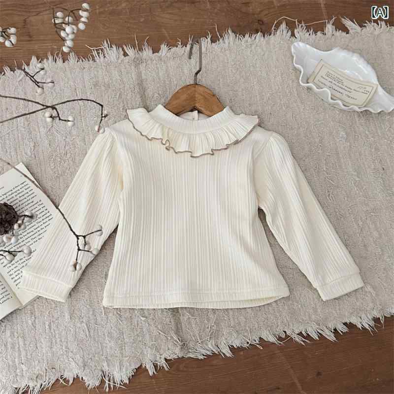 トップス ベビー 女の子 秋冬 かわいい おしゃれ 長袖 ハーフネック メロウフリル リブ編み 二重裏起毛 厚手 暖かい バックボタン コットン 綿 アイボリー インナー カットソー