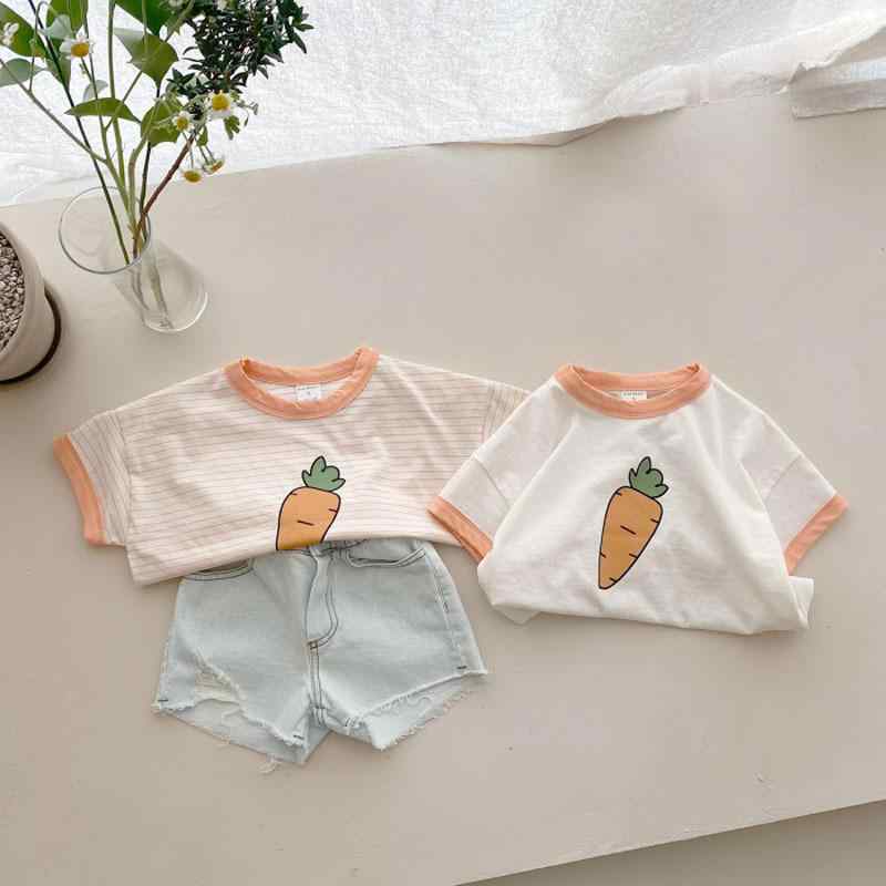 Tシャツ ベビー キッズ 子供服 韓国風 おしゃれ かわいい ニンジン フルーツ柄 爽やか 柔らか 薄手 綿 吸湿速乾 ゆったり ルーズフィット クルーネック 切り替え 春夏 白 ボーダー