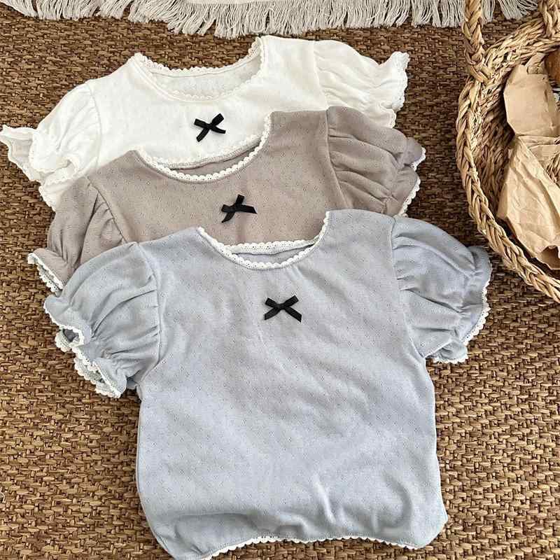 Tシャツ 女の子 ベビー コリアンカジュアル ランタンスリーブ パフスリーブ フリル メロウフリル リボン かわいい 夏 インナー トップス 綿 コットン クルーネック 丸首 半袖