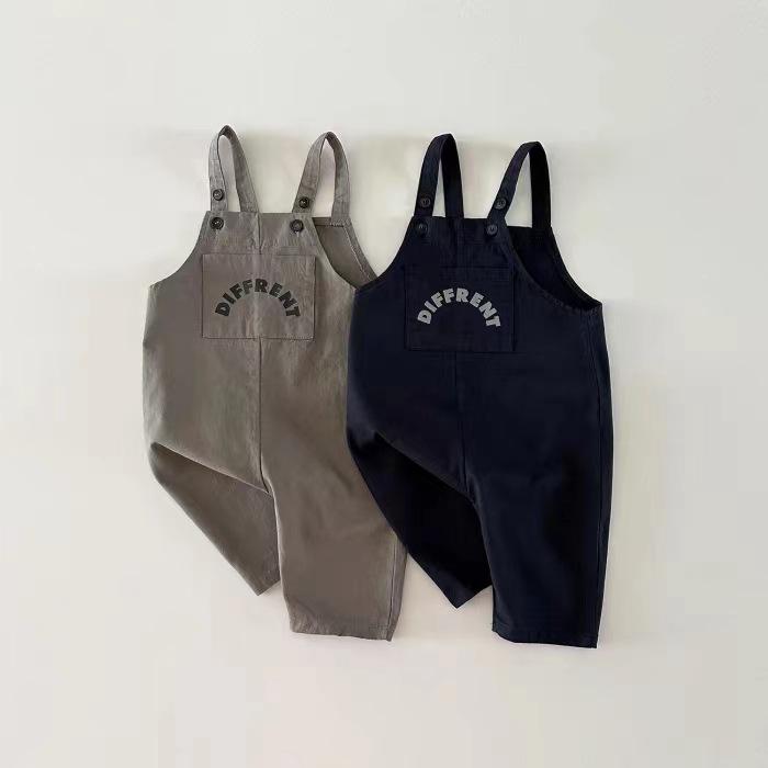 ベビー ユニセックス サロペット オーバーオール 韓国風 英字プリント 無地 綿 コットン やわらか 快適 肌に優しい 長ズボン カジュアルパンツ 普段使い お出かけ ダークブルー ブラウン 春秋